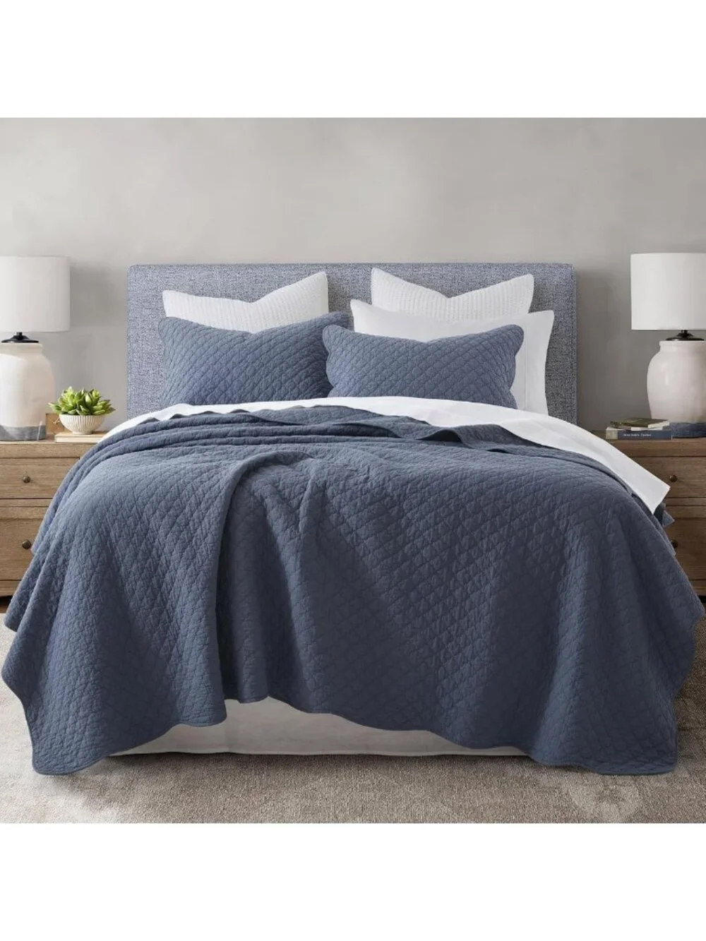 Soft Lightweight Cotton Quilt Set, Queen Size, Steel Blue, 3-Piece Bedding with